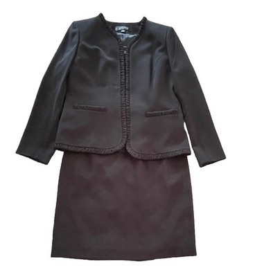 Kasper 3 Pc Black Skirt Suit Long Sleeve Blazer Skirt Blouse Sz 8 Petite Office
