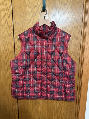 Lands End Down Puffer Vest Womens XL Tartan Red Plaid, Front Pockets, Snap Front