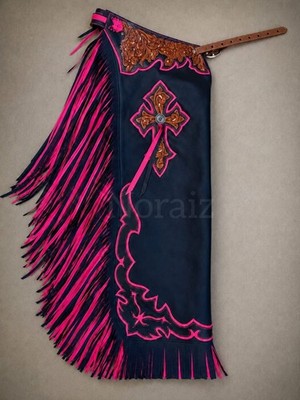 Hand Tooled Leather Rodeo Chaps   Western Cowboy Bull Riding Fringe Gear 