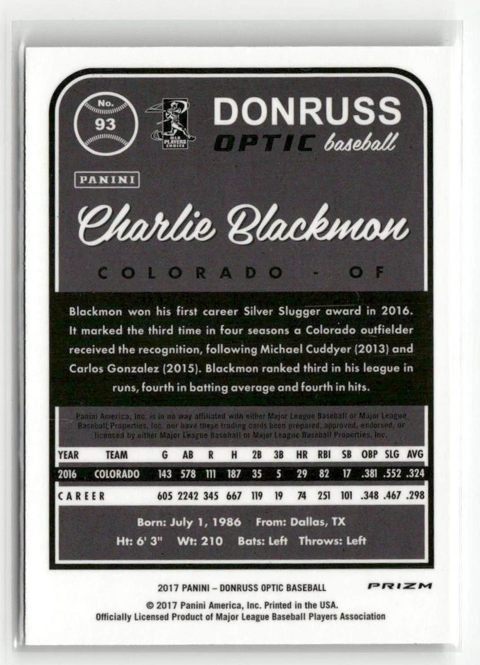 2017 Donruss Optic #93 Charlie Blackmon Holo ROCKIES SP - Image 2 of 2