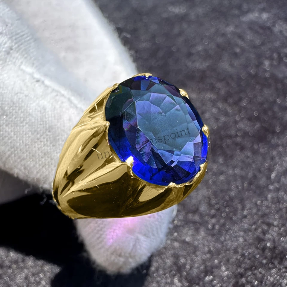 Anillo de oro real de 14 k con zafiro azul natural para hombre para compromiso anillo de regalo de boda Foto 3 de 3