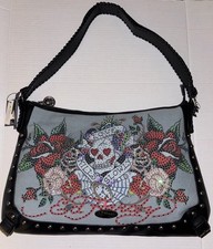 Ed Hardy Hobo Denim Shoulder Bag Rhinestone Love Kills Slowly Flowers Tattoo NWT