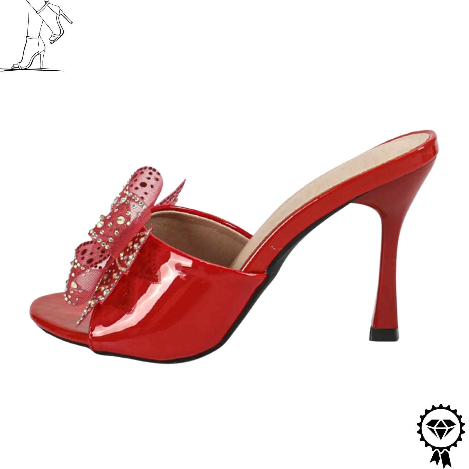 Peep Toe Red Leather Women Slippers Bowknot High Heels Crystal Mesh Sandals