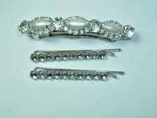 VINTAGE FRANCE RHINESTONE FAUX PEARL BARRETTE RHINESTONE BOBBY PINS