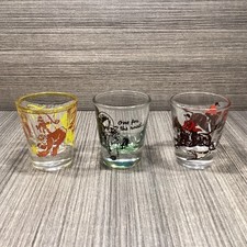 3 Vintage Novelty Shot Glasses- Bottoms Up, One For The Road & Horse And Hound
