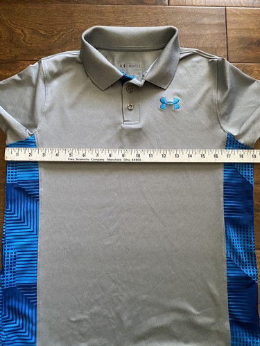 Under Armour Heat Gear Youth Boys Short Sleeve Polo Grey With Blue Print YXL - Picture 2 of 5