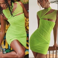 NWOT House of CB ADRIE NEON GREEN GATHERED MINI DRESS sz L