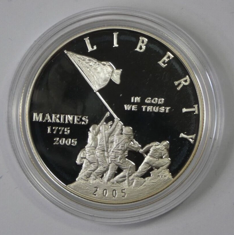 2005 Marine Corps 230th Anniversary Commemorative PROOF Silver Dollar w/ OGP+COA - Image 2 of 4