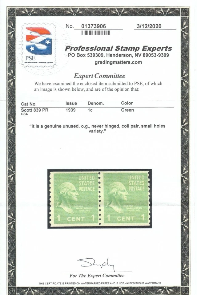 1939 PREXY COIL Sc 839 MNH 1c agujeros pequeños variedad certificado PSE Foto 3 de 3
