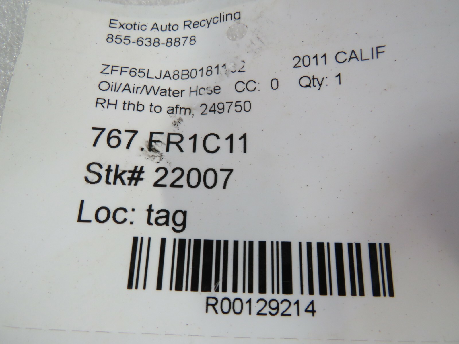 Ferrari California, RH, Right, Throttle Body Hose, Used, P/N 249750