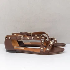 Valentino Garavani Brown Rockstud Crisscross Flat Sandals, Size 36.5 EU (6.5 US)
