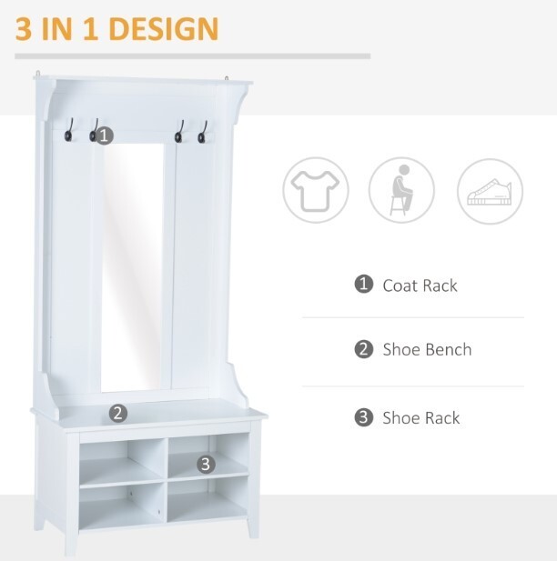 Coat Stand Shoe Rack Wooden White Hallway Bench Hall Tree Mirror