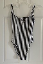 Vintage Sirena One Piece Swimsuit 10 Navy White Nautical Stripe Embroidered 90s