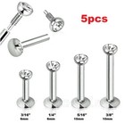 5pcs. 18G 2mm CZ Internally Threaded Surgical Steel Tragus Piercing Labret Stud