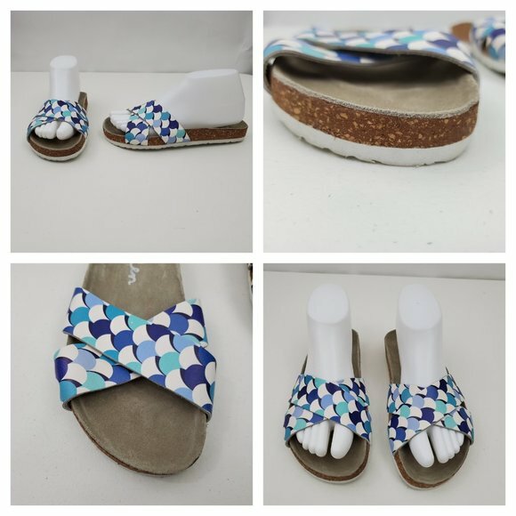 APL Boden sandali 37 6 slide sughero blu pois bassi cinturino incrociato pelle bianco squame