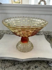 Vintage 1950s Red/Yellow Amberina Carnival Glass Jeanette “Louisa” Pedestal Bowl