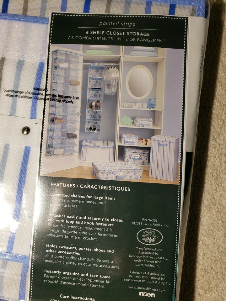 NUEVO ORGANIZADOR ARMARIO 6 ESTANTES RAYAS AZULES LAURA ASHLEY NIÑOS 46”H x 12”W x 12”D Foto 3 de 3