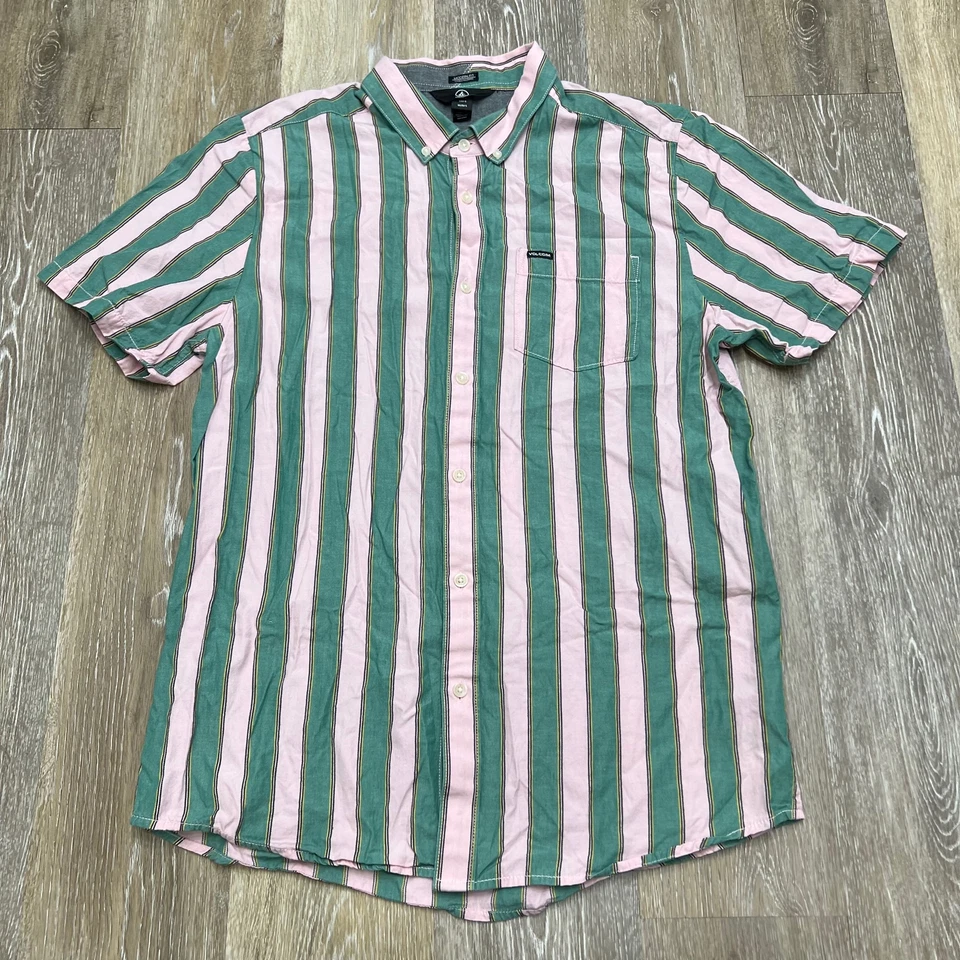 VOLCOM Modern Fit Button Down Green Striped Casual Shirt Men's Size Large - Image 2 of 4