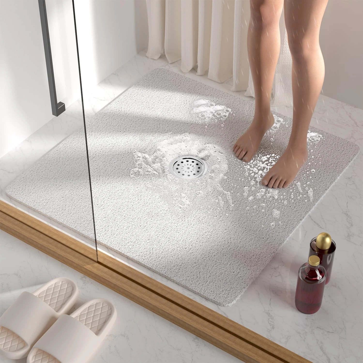 HITSLAM Square Shower Mat, 27 x 27 Inch Non Slip 27" x (Square), White