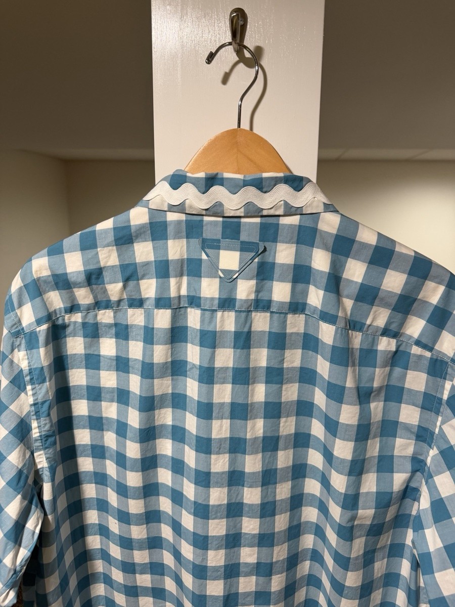 PRADA x Raf SS23 Gingham Blue Plaid Stripe Button Logo Shirt | eBay