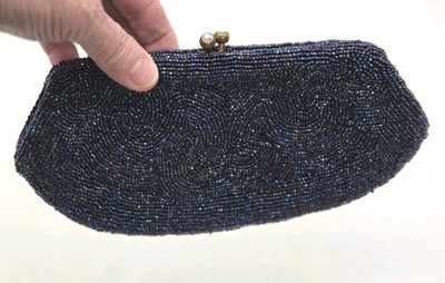 Walborg Irridescent Blue Glass Beaded Evening Clutch Purse Kiss Lock Belgium VTG