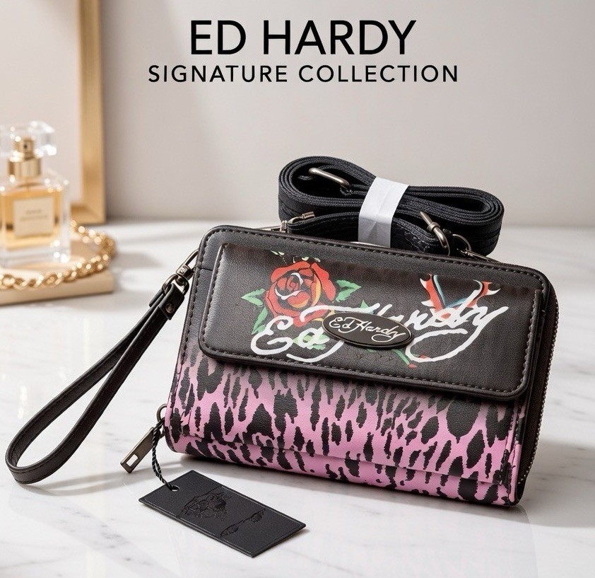 Ed Hardy Black & Pink Cheetah Print Logo Crossbody / Wristlet