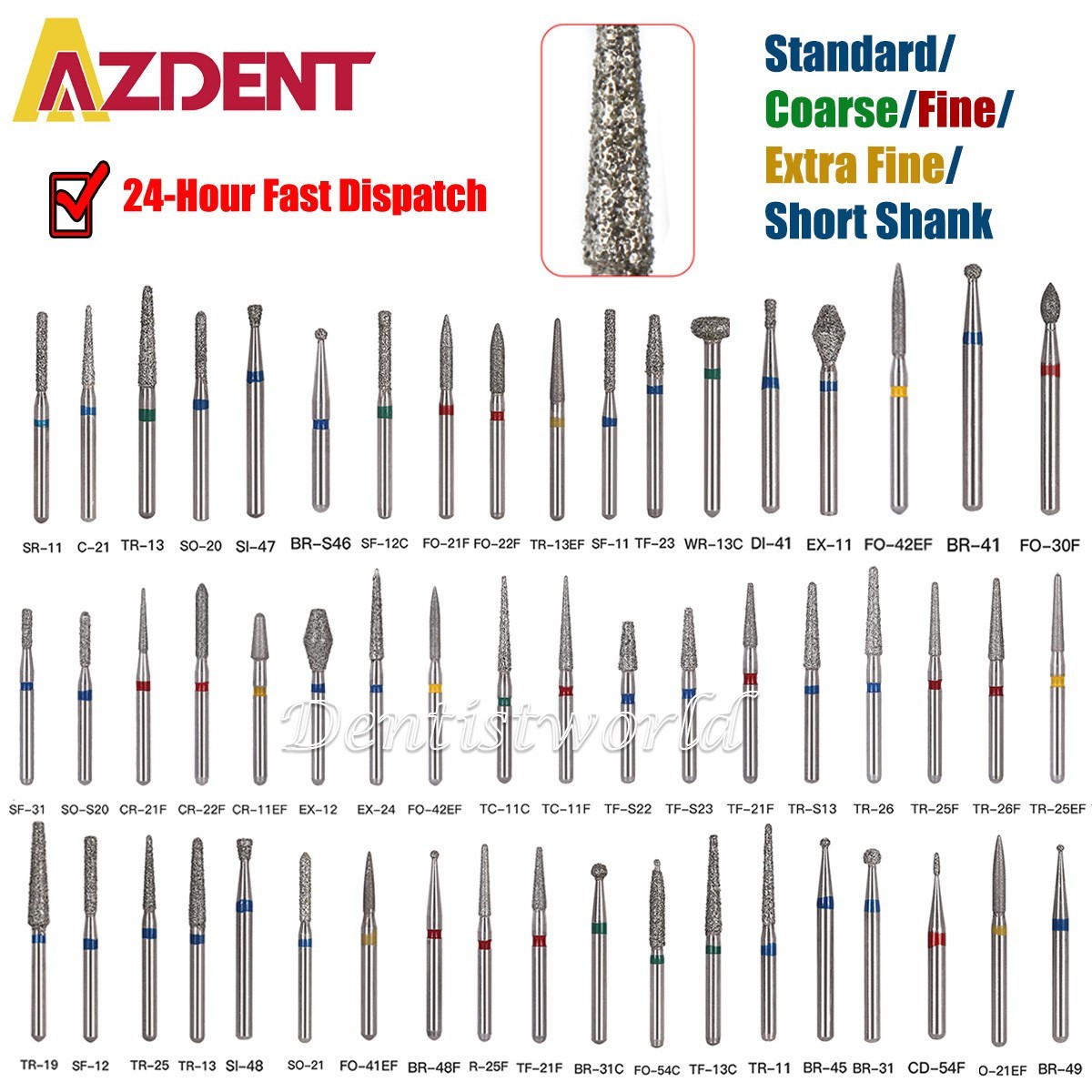100pcs AZDENT Dental Diamond Burs For High Speed Handpiece Friction Grip 1.6mm