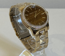 Image of michael kors mk7389 runway brown dial gold tone crystal pave 38mm ladies watch