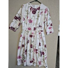 Floral Midi Dress White Burgundy Pink 3/4 Sleeve Pleated Fit Flare Tea Dress