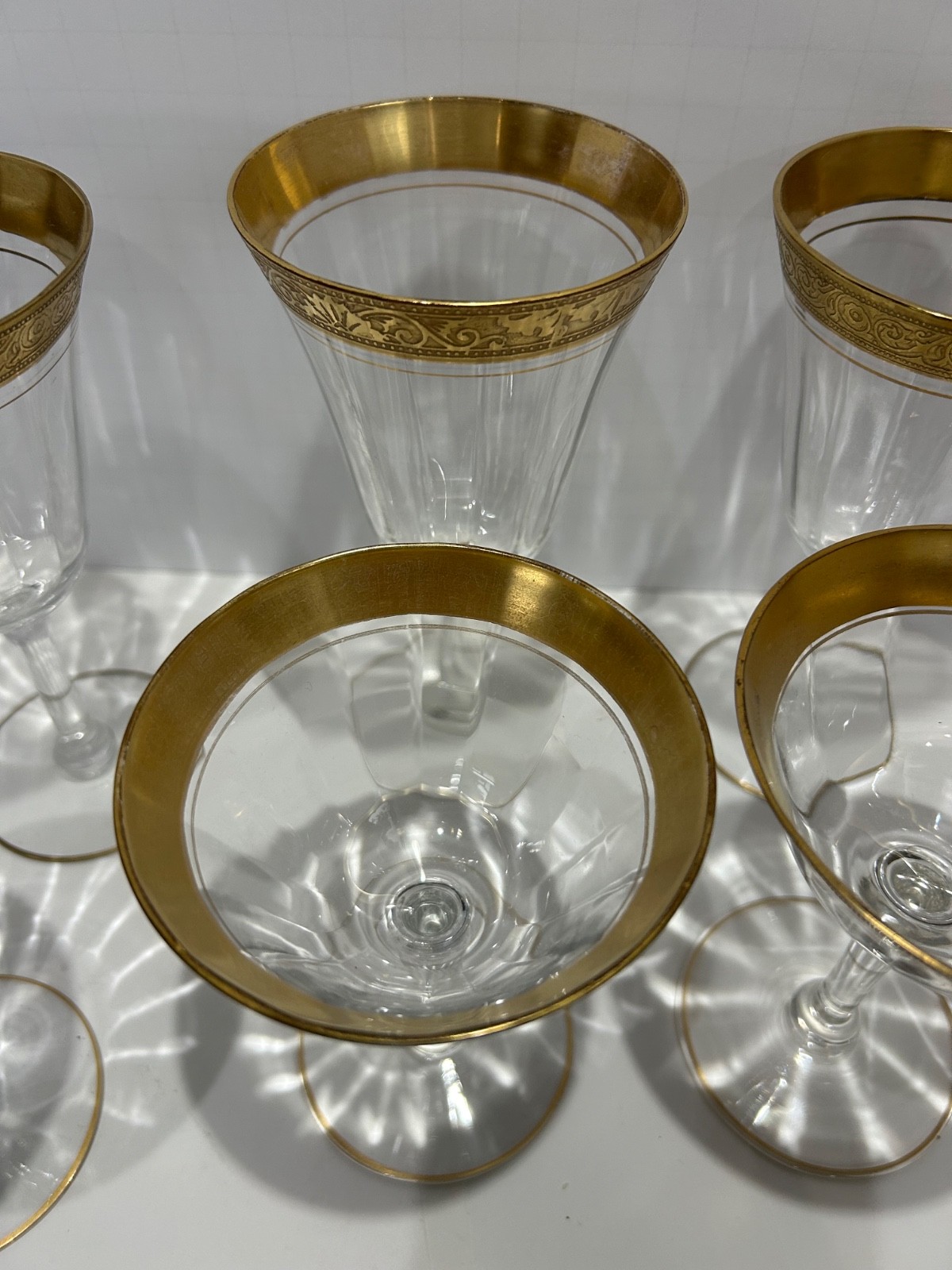 6  Tiffin-Franciscan Minton Optic Glass Gold Trim Footed Glasses assorted Sizes