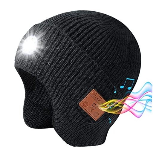 Mens Gifts Bluetooth Beanie with Light, Built-in Stereo Speaker Mic and 5 Black