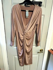 boohoo women taupe solid v-neck long sleeve midi bodycon dress size 16