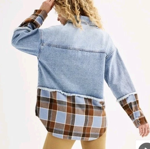 Juniors ' SO denim & plaid mixed media jacket Size Large Oversized Women's - Image 2 of 4