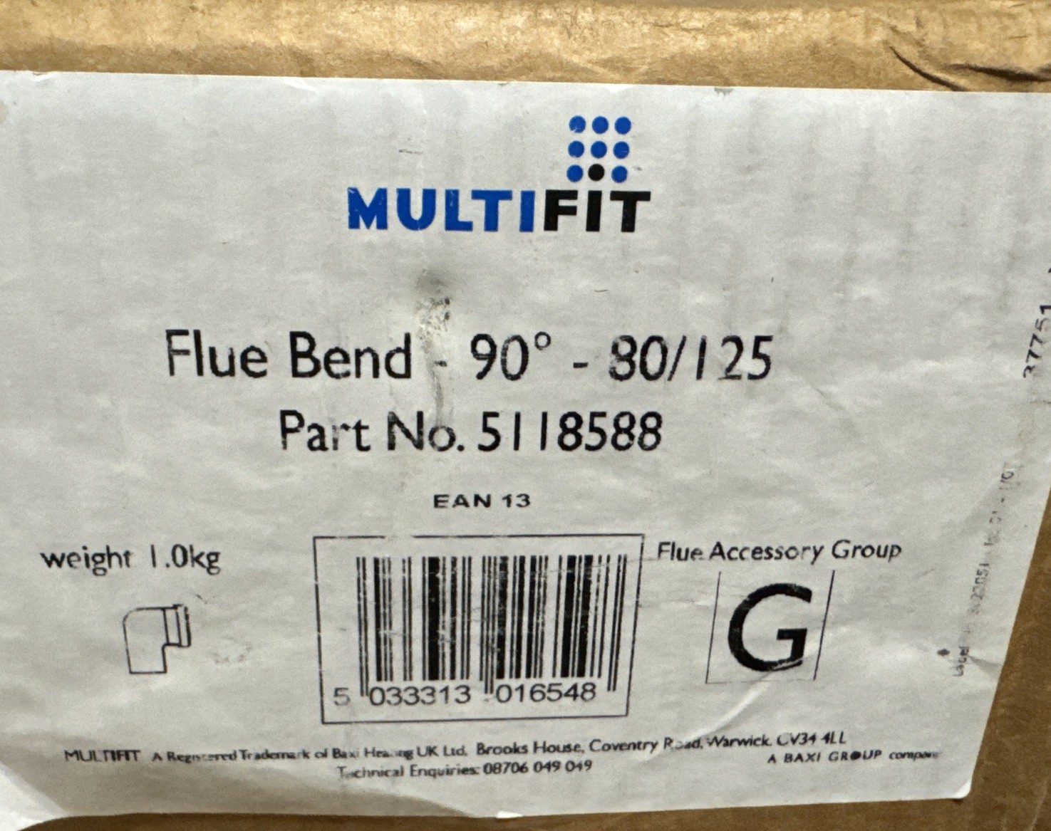 Multifit Baxi Ecoblue Flue Bend 90 5118588 Diameter 80/125