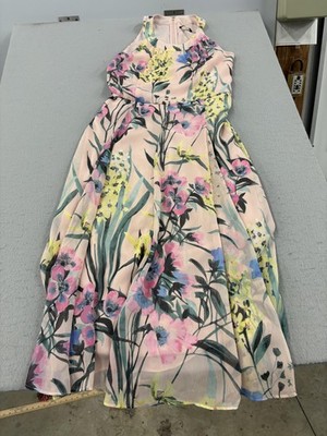 Tommy Hilfiger Dress Womens 12 Pink Floral Chiffon High Neck Pleated Maxi Formal