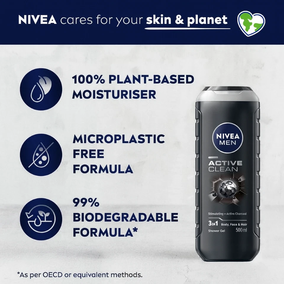3x  NIVEA MEN Active Clean Shower Gel 500ml |  Natural Charcoal | Deep Cleansing - image 2 of 4