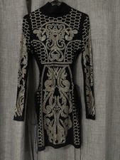Fashion Nova Studded Lace Up Geometric Bodycon Dress Mock Neck Stretch Black L