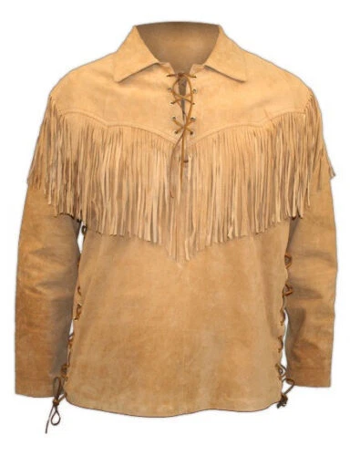 Mens Western Suede Leather Mountain Shirt With Fringes Retro Cowboy Beige Jacket