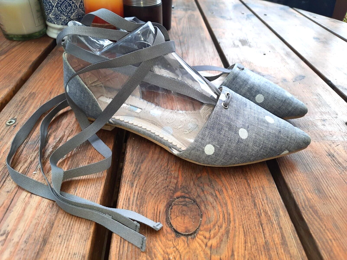 Boden ladies grey blue Polka dot flat espadrilles with tie shoes sandals size 5
