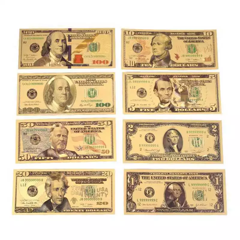 8PCS Gold Dollar Bill Full Set Gold Banknote Colorful USD 1/2/5/10/20/50/100