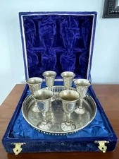 Vintage Set 6 Silver Cordial Wine Cups w Tray & Case EPNS Made In INDIA Wedding