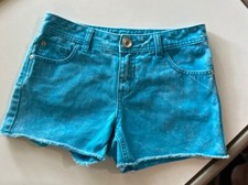 Justice Girls Size 12 R Acid Wash Jean Shorts Turquoise Blue Fray Hem Cut Off
