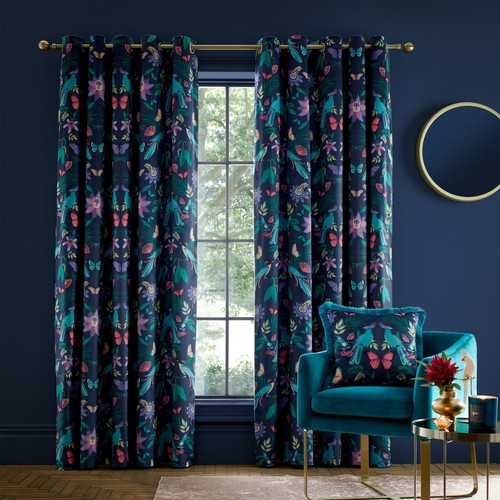 Catherine Lansfield Mya Tropical Birds Fully Lined Eyelet Curtains Pair Navy - Picture 20 of 68