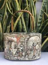 Wood Purse Street Scene Handbag Oval Bag Vtg 60s 70s Wood Handle Brown Orange