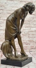 Artistic Bronze Sculpture by Jean Patoue Young Woman Adjusting Dress Modern Sale