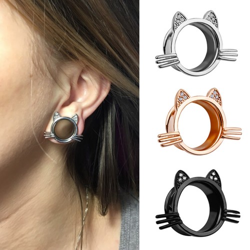 Cute Cat Face Crystal Ear Gauges Flesh Tunnels Plugs Stretchers Expander Girl - Picture 3 of 11