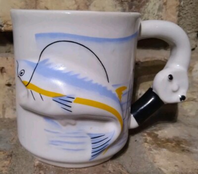 Coffee Mug Cup Fish Vintage Emson Reel Handle 3D Ceramic Tea Cup Lake Cabin Mug