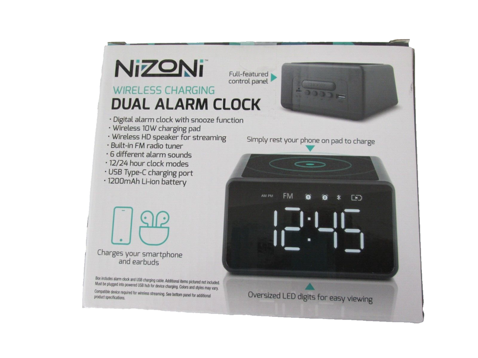 Wireless Charging Dual Alarm Clock Smartphone Earbuds Led Digits Nizoni