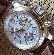 ULTRA Rare WENGER GST CLASSIC Swiss Army 27J CHRONOGRAPH~GOLD TT~OEM HIRSCH Band