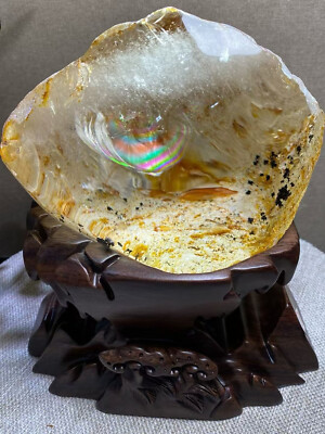 11.99LB Natural rainbow ghost Yellow gum flower quartz carved crystal+stand